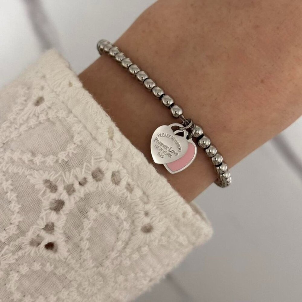 SKU0100 Retro‎ Silver Pink Heart Charm Women Bracelet Stainless steel + gift bag